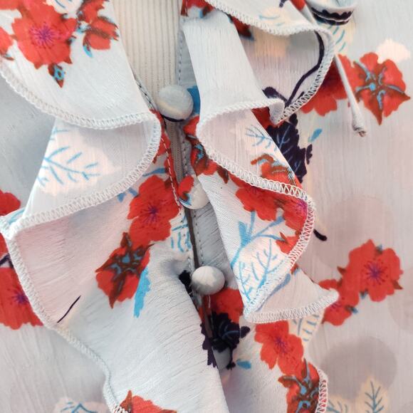 Zara Keyhole Neck Ruffle Trim Blouse Blue Floral Long Sleeve XS - Picture 7 of 10